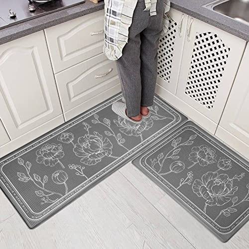 Kitchen Floor Mat Set of 2, Anti Fatigue Kitchen Mat 20"x32"+20"x47" - color: Grey, size: 20"x32"+20"x48"