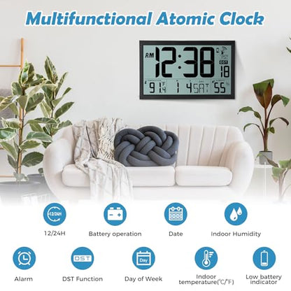 SZELAM Atomic Clock,16.7" Large Display Digital Wall Clock Battery Operated,Digital Calendar Auto Setting Desk Clocks with Indoor Temperature, Humidity,Date,Day,Auto DST for Elderly Bedroom Classroom - color: 16.7" Atomic