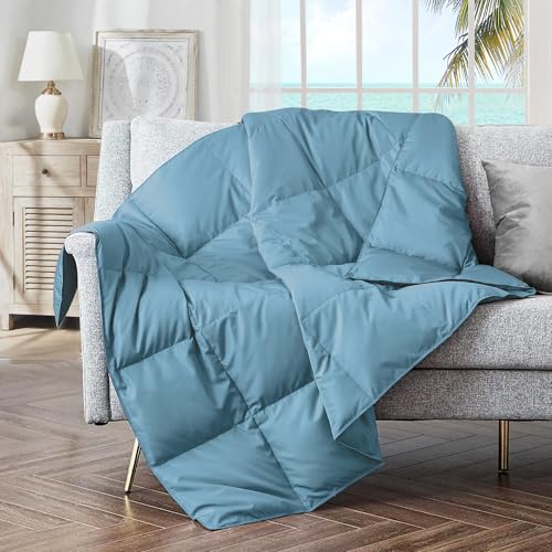 puredown® Soft Feather Down Throw Blanket Lightweight Packable Couch Throw for Indoor and Outdoor Use, Throw 50"X70", Blue, 12oz - color: Blue, size: Throw