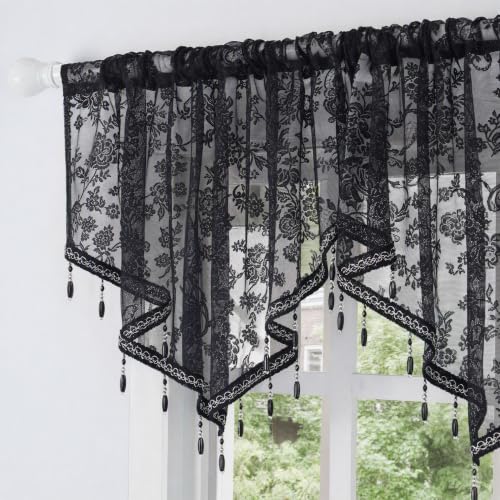 Molaxhome Swag Curtain Scalloped Curtain Valance Drape Sheer Lace Panel 1pc - color: Lace Black