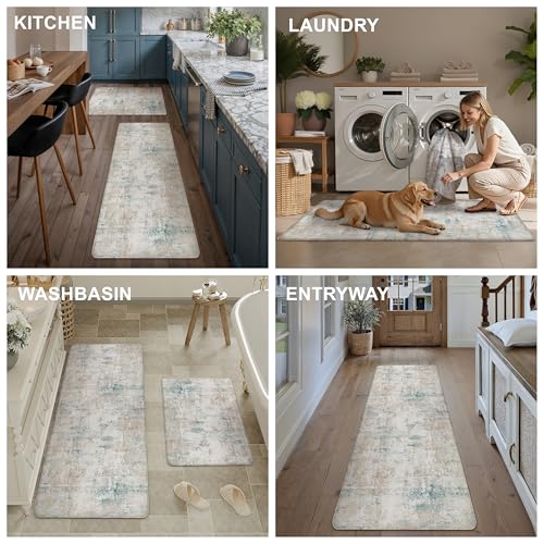 Anti Fatigue Beige Blue Neutral Non-Slip Kitchen Mat 2 Piece - color: Abstract | Beige Blue, size: 17.3"x47"+17.3"x30"--0.4inch