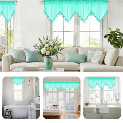 WUBODTI Teal Sheer Valance Curtains for Bathroom Windows, Summer Boho Crystal Beads Tassel Triangle Sheer Kitchen Swag Curtain Valance for Bedroom Living Room Cafe Farmhouse,3PCs, Each W51 x L24 - color: Turquoise