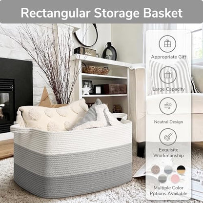 Goodpick Large Woven Rope Blanket Basket, Rectangle, Light Gray - color: Light Grey, size: Large(21.6"L x 14.9"W x 11.8"H)