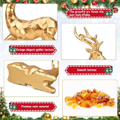 4-Piece Gold Christmas Tree Figurines and Resin Elk Sculpture Small Resin Christmas Trees,Tabletop Tree Artificial Animal Crafts for Indoor Home Decor,Tabletop Mantle Cabinet Desktop Offic