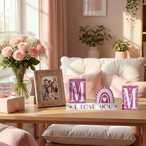 Smile 4 Pcs Wooden Decor Mother's day Indoor Decorations, Mom I Love You Heart - Shaped, Pink Table Centerpieces for Home Kitchen - style: Mom