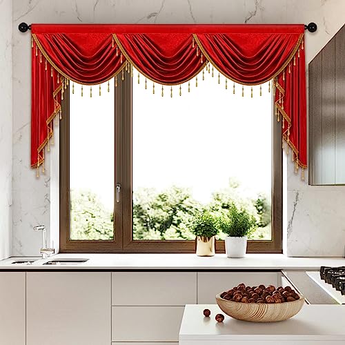 ELKCA Luxury Burgundy Red Velvet Curtain Valances for Living Room with Beads(79inch,1 Panel) - color: Burgundy Red, size: 79"W x 43"L (Pack of 1)