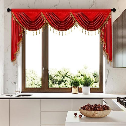 ELKCA Luxury Burgundy Red Velvet Curtain Valances for Living Room with Beads(79inch,1 Panel) - color: Burgundy Red, size: 79"W x 43"L (Pack of 1)