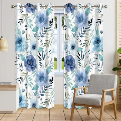Blue Floral & Leaf Thermal Blackout Curtains 84 Inch Length 2 Panels Set - color: Floral-d