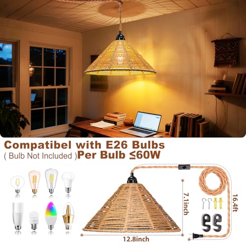 Maliralt Hanging Lamps Rattan Pendant Light - 16.4ft Plug in Cord Hanging Light Fixture Plug Into Wall Outlet Pendant Lighting with On Off Switch for Bedroom Living (Industrial Shade) - size: 7.88 Inch - Industrial Shade