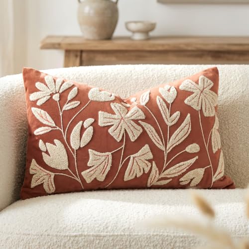 BlissBlush Lumbar Pillow Cover 12x20 Inch, Rust Terracotta Floral Tufted Velvet Decorative Accent Pillow Case for Sofa Bed Living Room, Cover Only - color: Orange Terracotta, size: 20" x 12" (Pack of 1)