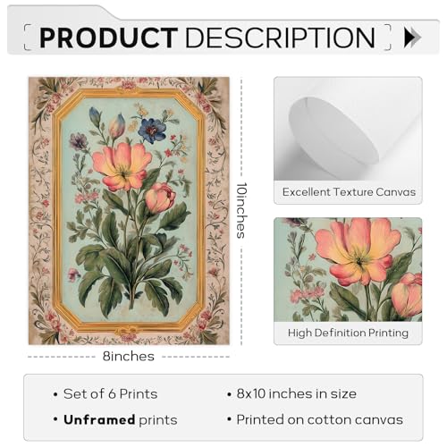 Indian Wall Art Vintage Floral Canvas Poster India Wall Decor Folk Flower Prints Scandinavian Pictures Antique Botanical Painting Gallery Artwork for Bedroom Living Room 8x10 Inch Unframed Set of 6 - color: Indian Floral Prints, size: 8"x10" Unframed