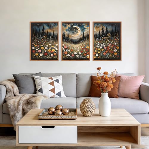 HPINUB Wildflower Moon Forest Framed Canvas Wall Art Set,Nature Pine Tree Wall Decor,Mystical Starry Night Artwork Rustic Mountain Landscape Art Print For Living Room,Bedroom(Set of 3,12X16 Inch) - color: Mystical Starry Night Wall Art