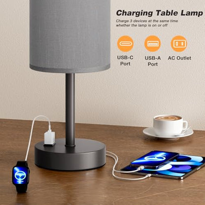 Fenmzee 17.4" Grey Lamp for Bedroom - Dimmable Touch, USB A+C, AC Outlet - color: Grey - Grey, size: 17.4"