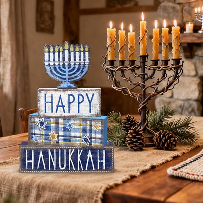 Hanukkah Table Decoration Happy Hanukkah Wooden Block Wooden Menorah Decor - style: Hanukkah