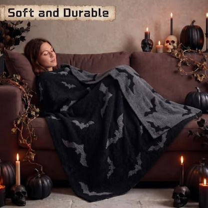 Halloween Bat Blanket Goth Reversible Knit Throw Blanket - color: Black and Gray, style: Halloween Bat