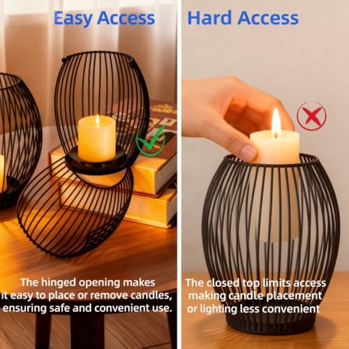 3-Piece Black Metal Lantern Candle Holder Set, Modern Lantern Decor for Home, Stylish Lanterns Decorative Indoor with Easy-Open Design and Heat-Resistant Trays