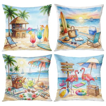 Throw Pillow Covers, Coastal Ocean, Set of 4, 18"x18" - color: Summer Beach