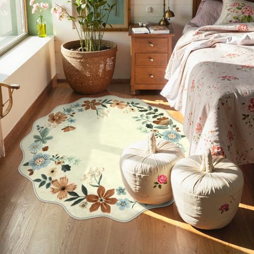 Lahome Floral Round Area Rugs, Washable Circle Small Round Rug 3ft Non-Slip - color: Beige, size: 3'(Round)