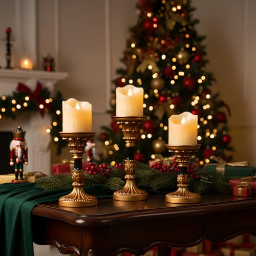 Vintage Candle Holders Set of 3 – Hand-Painted Resin Pillar Candle Stands – Antique Gold Decorative Candle Holder Set for Table Centerpiece, Mantel, Wedding, and Home Decor