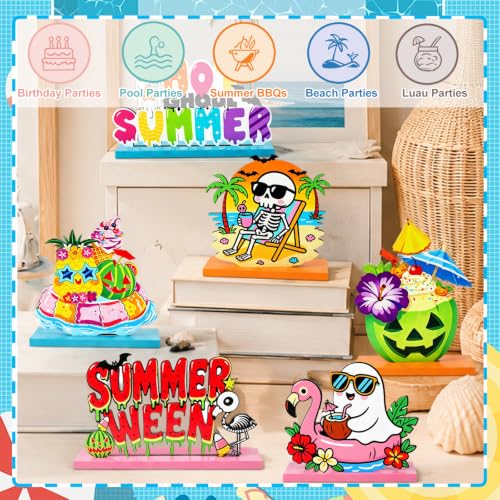6 Pcs Summerween Wooden Table Centerpieces, Spooky Beach Skeleton Flamingo Tabletop Sign, for Home Kitchen Office Desk Shelves