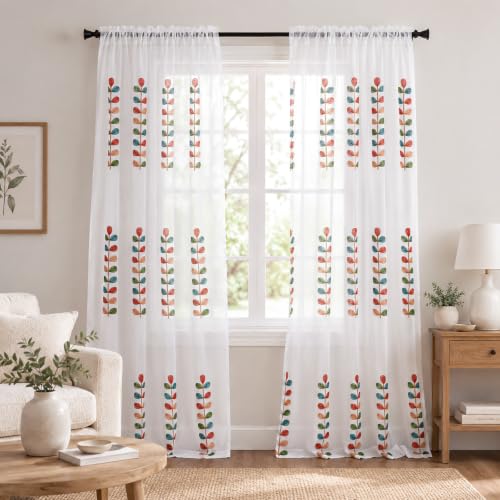 VOGOL Leaf Embroidered Sheer Curtains, 60 x 106, Grommet Top, 2 Panels - color: Matching Sheer, size: 60"W x 106"L (Pack of 2)