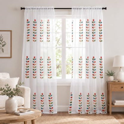 VOGOL Leaf Embroidered Sheer Curtains, 60 x 106, Grommet Top, 2 Panels - color: Matching Sheer, size: 60"W x 106"L (Pack of 2)