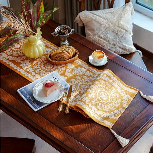 ARTABLE Ginger Boho Table Runner Wood Bead Tassel Dresser Scarf 14x60 Inch - color: Ginger, size: 14 x 60 Inch