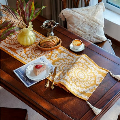 ARTABLE Ginger Boho Table Runner Wood Bead Tassel Dresser Scarf 14x96 Inch - color: Ginger, size: 14 x 96 Inch