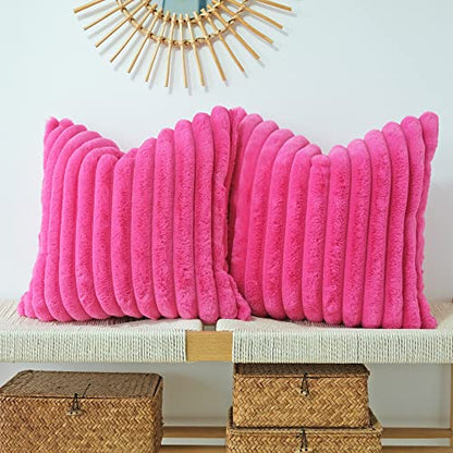 JOJUSIS Faux Fur Plush Throw Pillow Covers, Hot Pink, 18 x 18-Inch - color: Hot Pink, size: 18" x 18" (Pack of 2)