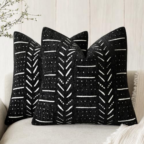 Foindtower Set of 2 Decorative Chenille Jacquard Throw Pillow Covers Textured Farmhouse Vintage Cushion Covers Modern Boho Accent Home Decor for Sofa Chair Couch Bedroom Living Room,18×18 Inch,Black - color: Black, size: 18" x 18" (Pack of 2)