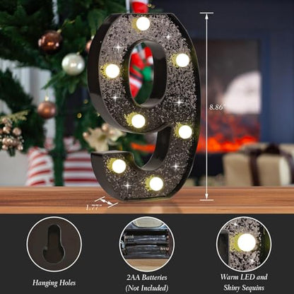 Black Glitter LED Marquee Number 9, Warm White Light Decor Sign - size: Number-9