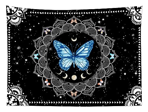 LB Butterfly Mandala Wall Tapestry Blue Butterfly Black and White Mandala Bohemian Tapestry Wall Hanging Star Moon Phase Aesthetic Wall Art Decor for Bedroom Living Room Decor Home Decor 48Wx36L Inches - color: Blue, size: 36"L x 48"W
