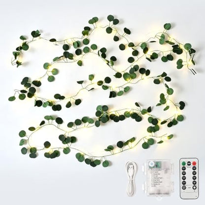 16 FT Eucalyptus Vine with LED Fairy Lights, Remote, USB & Battery Powered - color: Eucalyptus_Battery&USB