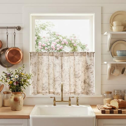 jinchan Floral Linen Kitchen Tier Curtains, 24 Inch, 2 Panels, Taupe - color: Amlie Taupe, size: 26"W x 24"L (Pack of 2)