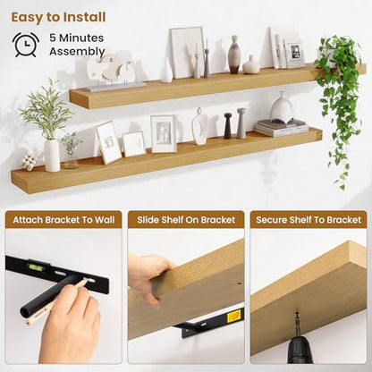 Fun Memories 55 Inch Floating Shelves Bedroom, Large Extra Floating Shelf Set of 2 with Invisible Brackets, Oak - color: Oak, size: 55"