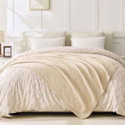 Beige Throw Blanket, Moss Knit, 50" x 60", Ivory Beige - color: Moss-beige, size: 50"x60"