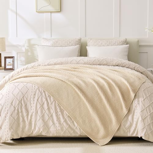 Beige Throw Blanket, Moss Knit, 60" x 80", Ivory Beige - color: Moss-beige, size: 60"x80"