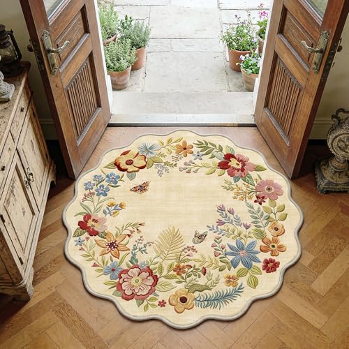 FMFUNCTEX 4ft Round Washable Beige Floral Scalloped Area Rug for Entryway - color: Beige, size: 4' (Round)