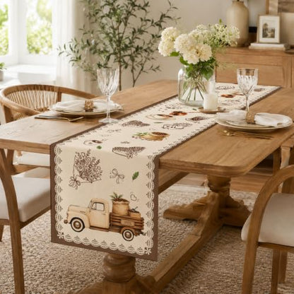 Retro Coffee Cup Table Runner, Farmhouse Rustic Linen Runner 13x72 in - color: Brown