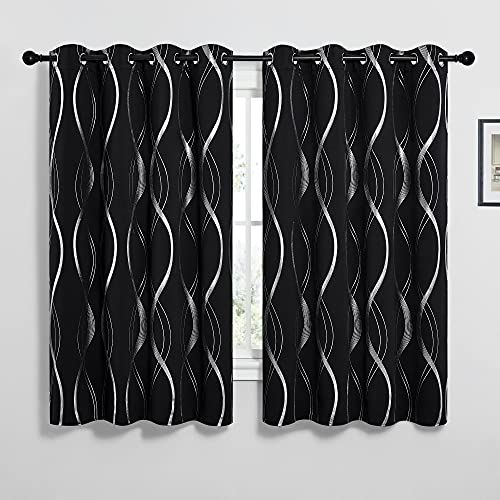 NICETOWN Black Out Curtains for Living Room - Foil Printed Wave Lines Thermal Insulated Blackout Panels/Drapes for Bedroom Kitchen Loft Cafe Window (2 Panels, 52 inches Wide by 63 inches Long) - color: 1 - Black, size: 52"W x 63"L (Pack of 2)