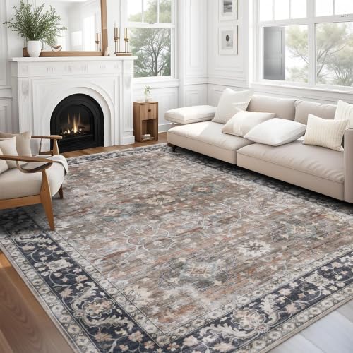 ReaLife Rugs Machine Washable Area Rug - Living Room Bedroom Bathroom Kitchen Entryway Office - Padded Low Pile Stain Resistant Premium - Boho Farmhouse Vintage - BEV - Beige Tan Brown 5' x 7' - color: Bev - Beige Tan Brown, size: 5' x 7' (Rectangular)