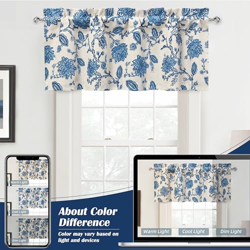DriftAway Freda Jacobean Floral Linen Blend Blackout Thermal Insulated Energy Saving Privacy Window Linen Curtain Valance Rod Pocket 2 Layers Single 52 Inch by 14 Inch Plus 1.75 Inch Header Blue - color: Blue, size: 52"W x 14"L (Pack of 1)