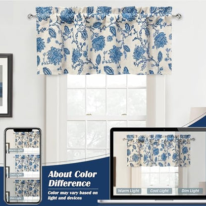 DriftAway Freda Jacobean Floral Linen Blend Blackout Thermal Insulated Energy Saving Privacy Window Linen Curtain Valance Rod Pocket 2 Layers Single 52 Inch by 14 Inch Plus 1.75 Inch Header Blue - color: Blue, size: 52"W x 14"L (Pack of 1)