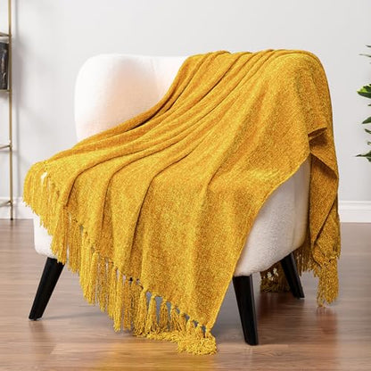 PAVILIA Chenille Throw Blanket Knit Sofa Couch Tassel Throw, Yellow 50x60 - color: Mustard Yellow, size: 50 X 60 Inches - Throw