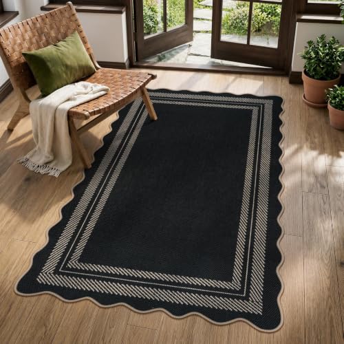 LIVEBOX Scalloped Washable 3x5 Outdoor Rug, Black Easy Jute Rug for Entryway Kitchen, Indoor Non Slip Patio Rugs Farmhouse Neutral Carpet for Bedroom Living Room Backyard Front Door Mat Porch Decor - color: Black/Border 2, size: 3‘ x 5’