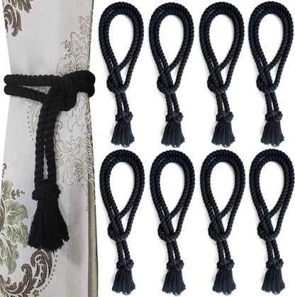 8 Pack Curtain tiebacks Rope, Outdoor Curtain Tiebacks, Natural Cotton Curtain Ties, Village Rural Rustic Farmhouse Curtain Holdbacks Curtain tie Backs Holders for Heavy Duty Drapes, Black - color: Black Rope-l 8 Pack