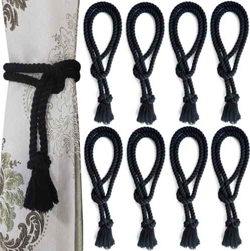 8 Pack Curtain tiebacks Rope, Outdoor Curtain Tiebacks, Natural Cotton Curtain Ties, Village Rural Rustic Farmhouse Curtain Holdbacks Curtain tie Backs Holders for Heavy Duty Drapes, Black - color: Black Rope-l 8 Pack