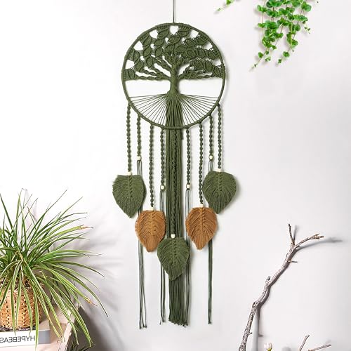 Large Tree of Life Dream Catchers, Macrame Wall Hanging, Boho Woven Tapestry, Macrame Wall Decor Art for Adults Boys Girls Bedroom Wedding Party, Festival Blessing Gift (Green & Brown)