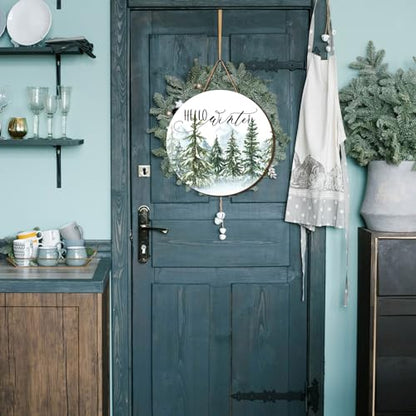 Whaline Christmas Hello Winter Wooden Hanging Sign Christmas Pine Trees Welcome Door Sign Xmas Winter Holiday Farmhouse Rustic Wreath Sign for Indoor Outdoor Home Wall Window Decor - style: Winter