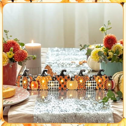 Yousoontic Fall Pumpkin Decor, LED Lighted Fall Table Centerpieces, Retro Plaid Leopard Wooden Pumpkin Sign Decorations 3D Block Farmhouse Decor for Autumn Harvest Thanksgiving Home Mantel Party - style: Plaid Pumpkin